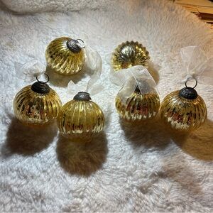 Gold Mercury Glass  3” Ribbed Christmas Ornaments Set Of 6 Kugel Style Heavy